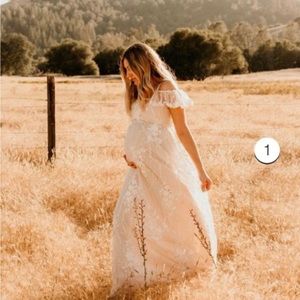 Ivory Floral Embroidered Mesh Maternity Evening Gown